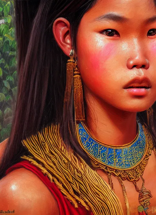 Image similar to portrait of a beautiful teen khmer ethnic northeast thailand, closeup portrait, historical, ethnic group, traditional costume, elegant, loin cloth, highly detailed, oil painting, artstation, concept art, matte, sharp focus, illustration, hearthstone, art by earl norem