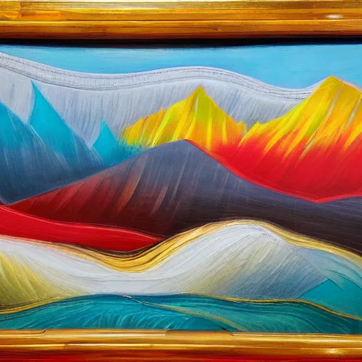 Prompt: a wild modernist landscape painting filled with energy patterns rippling in all directions, mountains, rushing water, saturated colors