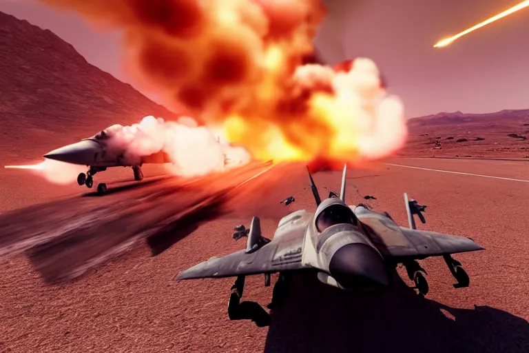 Image similar to a gritty hyperdetailed photorealistic f - 1 8 hornet ground attack aircraft shooting a missile at a small group of vehicles in the desert, volumemetric lighting, cinematic framing, cinematatic lighting, cinematic shadows, in the style of top gun maverick