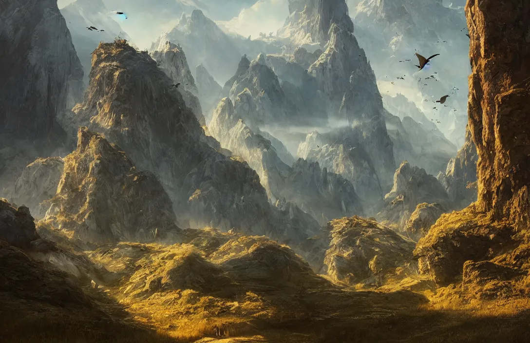 Image similar to a huge swiss landscape in the style of martin deschambault, nicolas bouvier, detailed dreamscape, hyperreal phantastic, intricate details in environment, golden ratio, high aestehtic, cinematic light dramatic light, lightrays, flying birds in distance, photobash, hyperreal 4 k