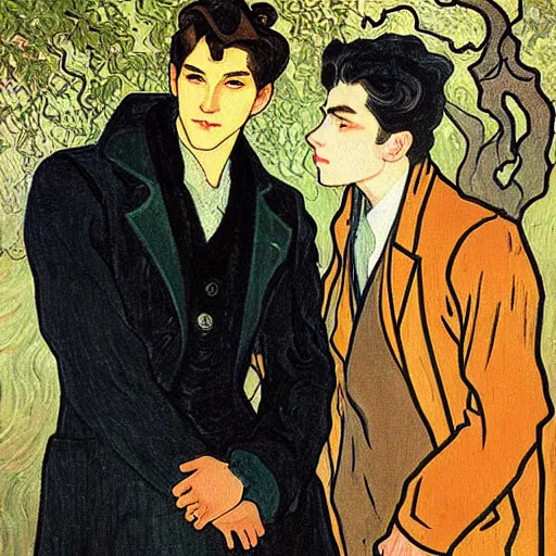 Prompt: painting of young cute handsome beautiful dark medium wavy hair man in his 2 0 s named shadow taehyung and cute handsome beautiful min - jun together at the graveyard party, ghostly, haunted graveyard, ghosts, autumn! colors, elegant, wearing suits!, clothes!, delicate facial features, art by alphonse mucha, vincent van gogh, egon schiele