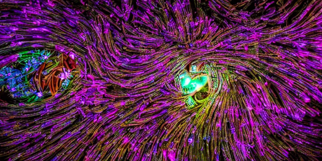 Image similar to a widescreen photo of a biomechanical bioluminescent flower macro by steve mccurry