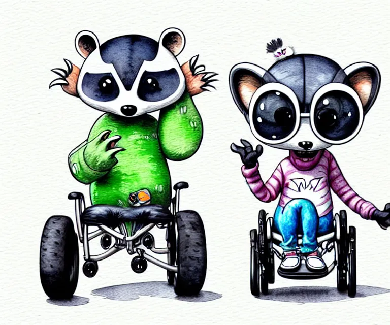 Image similar to cute and funny, racoon waving wearing a helmet riding in a tiny motorized wheelchair, ratfink style by ed roth, centered award winning watercolor pen illustration, isometric illustration by chihiro iwasaki, edited by range murata