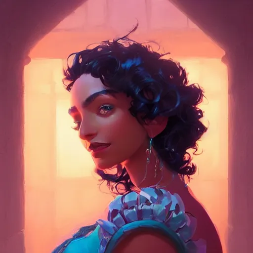 Image similar to portrait of a beautiful woman with black curly hair, maya ali mage, gloomhaven, dynamic lighting, gaudy colors, octane render aesthetic, matte painting concept art, official fanart behance hd artstation by jesper ejsing, by rhads and makoto shinkai and lois van baarle and ilya kuvshinov and rossdraws