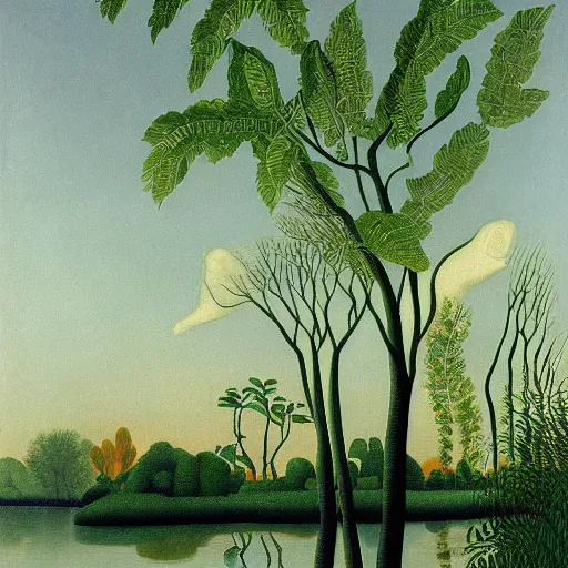 Prompt: a beautiful painting of Columbus Ohio Scioto river by henri Rousseau