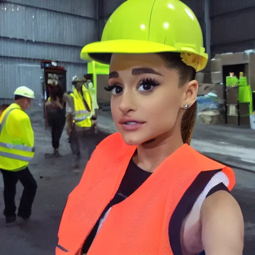 Image similar to photo, close up, ariana grande in a hi vis vest, in warehouse, android cameraphone, 2 6 mm,