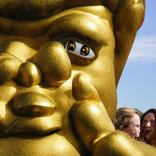 Prompt: drunk russians find a golden Shrek statue in a field, 4k, 8k high detailed