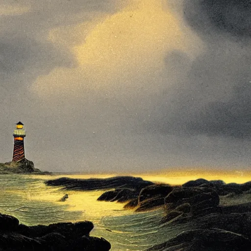 Prompt: 19th century storybook illustration of a yellow victorian lighthouse on a rocky island, dark stormy clouds