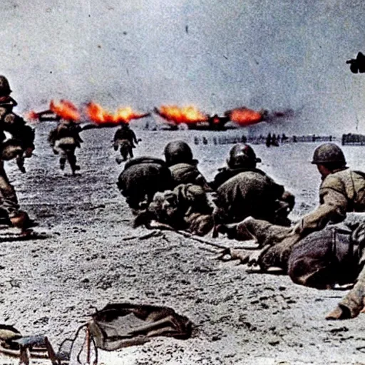 Image similar to ww 2 realistic photo in color beach landing, blood everywhere, explosions