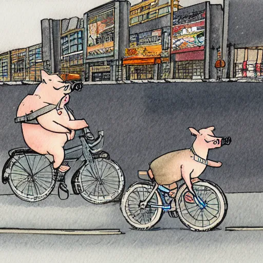 Prompt: a pig riding a bicycle on the road by the seaport,detailed watercolor pen ink illustration by Hayao Miyazaki, key visual official media