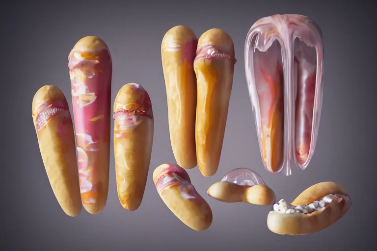 Prompt: beautiful transparent and translucent meaty pastel hotdogs sitting on dark and gold marbled Doric columns, floating ice cream cones, large translucent rubber human teeth, levitating colorful plastic vending machine toys, clouds of vivid horse-hair wigs, plasticized spiral flames, human teeth, Rembrandt, baroque, chiaroscuro, 8K photorealistic, Studio lighting, Low key lights, Dali Lobster phone