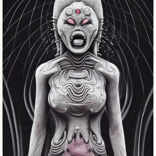 Prompt: naraka buddhist demon korean, happy female alien, tubular creature, blood vessels, no face, dystopian surrealism, alex ries zdzisław beksinski, symmetrical long head, smooth marble surfaces, smooth marble surfaces, detailed ink illustration, detailed ink illustration, raiden metal gear, cinematic smooth stone, deep aesthetic, concept art, intricate