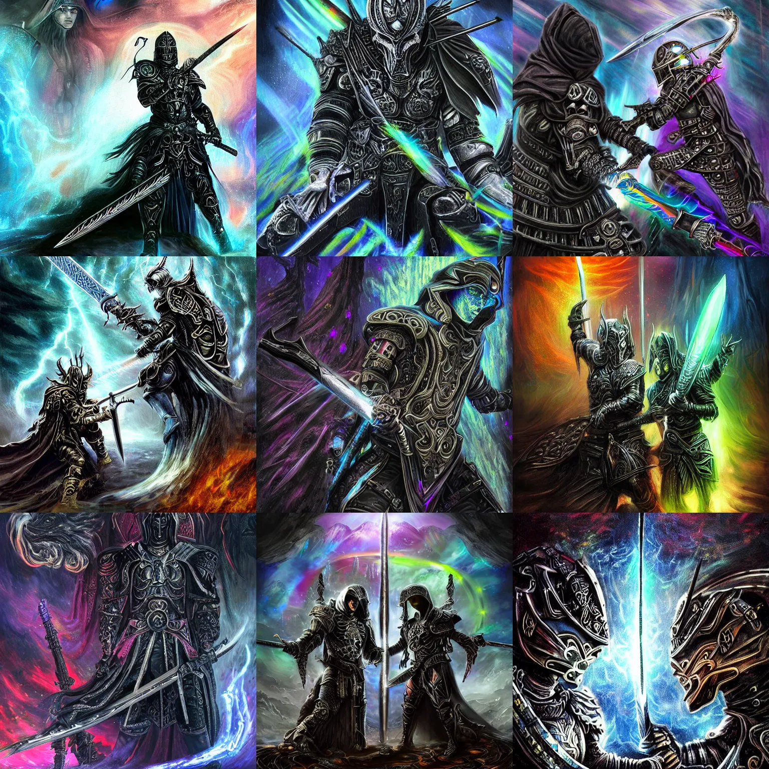 Prompt: Thunderous sword clash of two powerful opposing fighting opposite iridescent ornate cloaked hooded warrior technology gods who hate one another, dark gritty realistic highly detailed intricate artistic award winning digital oil painting, partially cybernetic dark entity gods made of future technology brandishing cosmic smoking iridescent weaponry, intricate, ornate, black armor with hints of rainbow and gothic influence, smooth oil painting, muted realistic colors, epic megastructure space scene background, super intricate, galactic, moody colors, realistic, real colors, moody, ominous, dangerous aura, microchips, crystallic, iridescent, lasers, gems, multicolored glints, precious elements, beautiful, detailed, concept art, render, unreal engine, 4K, artstation