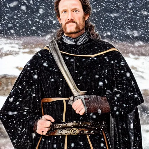 Prompt: richard sharpe as a medieval lord dressed in black against a snowy background