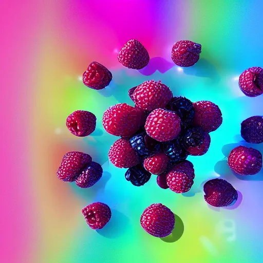 Image similar to raspberry, blueberry, vanilla smoothie explosion, intricate complexity, inverted neon rainbow drip paint, psychedelic glitch art, trending on art station, photoreal, 8 k, octane render