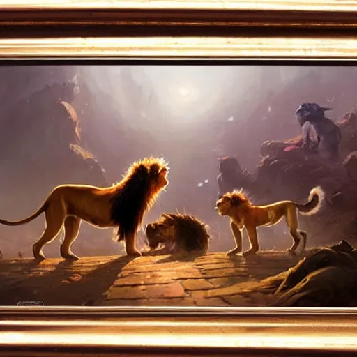 Image similar to 100 dogs fight against 10 lions, oil painting, style of by Jordan Grimmer and greg rutkowski,