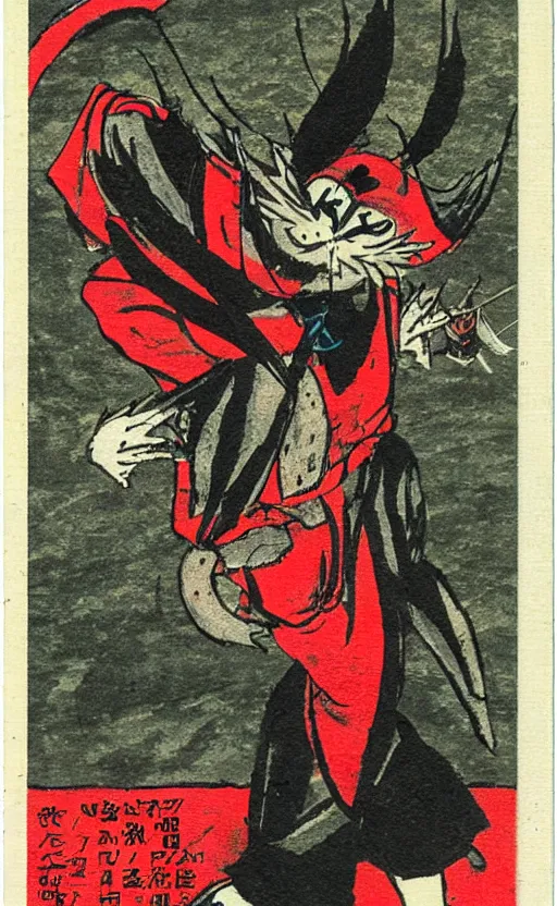 Prompt: by akio watanabe, manga art, a tengu demon walk quickly, abandoned japaense village, trading card front