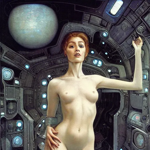 Image similar to epic masterpiece full body portrait a beautiful woman, with a beautiful face and flawless skin, lounging inside a spaceship designed by H.R. Giger, by Edgar Maxence and Ross Tran and Michael Whelan