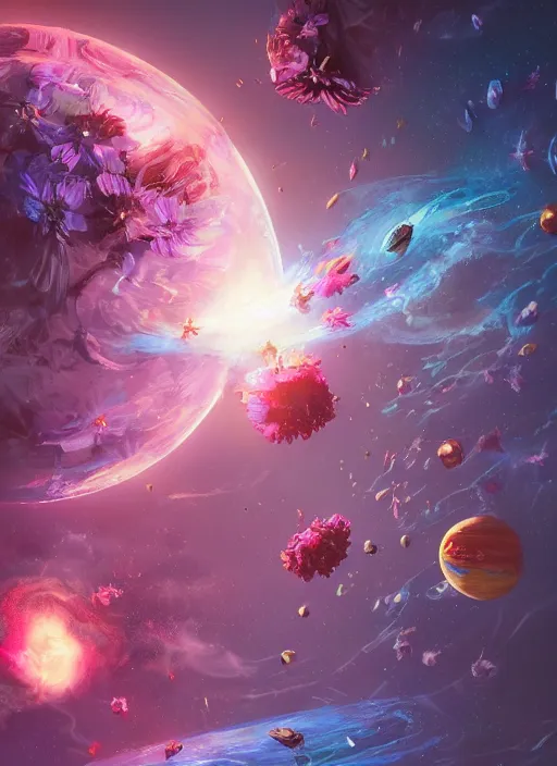 Image similar to An epic fantastic realism comic book style painting of the most beautiful entwined flowers launched across the galaxy, floating bouquets, fisheye, lightning creating life, unreal 5, DAZ, hyperrealistic, octane render, dynamic lighting