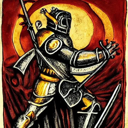 Image similar to holy knight in golden armor with a runnic sword fighting demons in hell, black ground and sky, red sun and rivers of blood