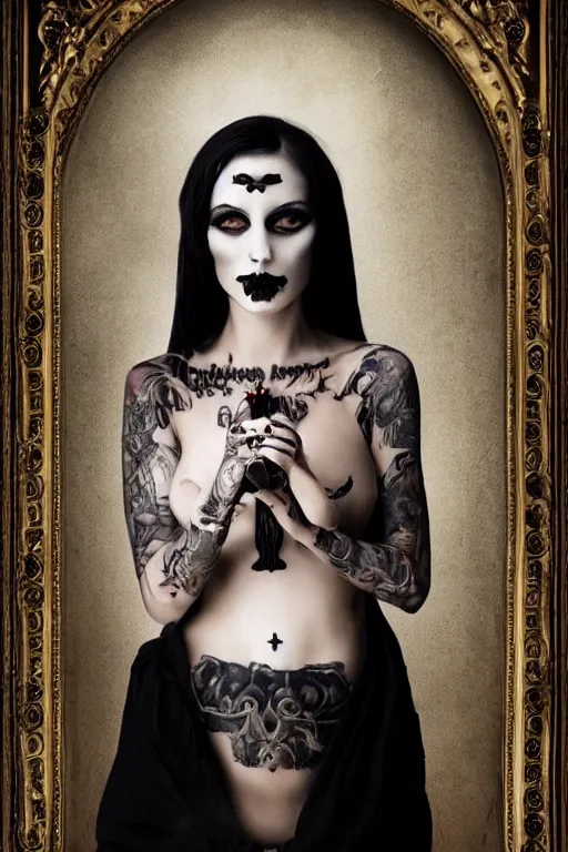 Image similar to tattooed beautiful goth girl smoking cigarette and smiling, dark, moody, eerie religious painting, photorealistic photo by national geographic, Peter Kemp