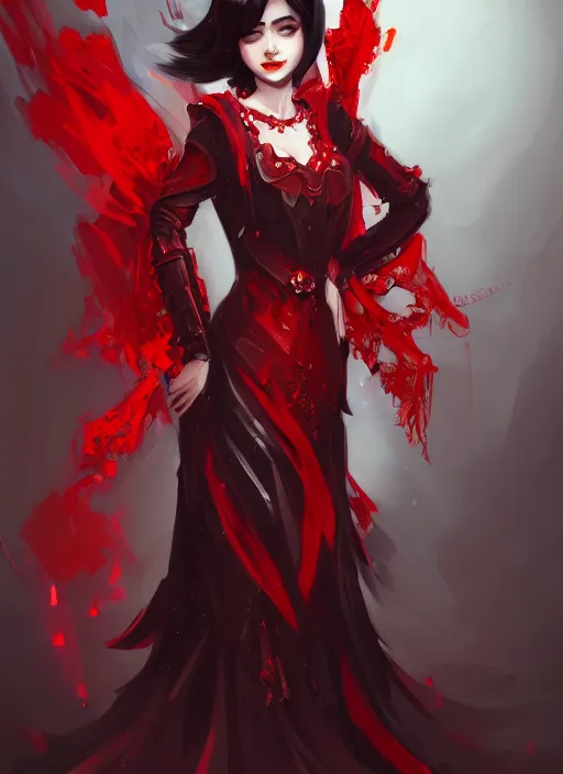 Image similar to a highly detailed illustration of beautiful hime cut black haired tall woman wearing red dress, dramatic smiling pose, intricate, elegant, highly detailed, centered, digital painting, artstation, concept art, smooth, sharp focus, league of legends concept art, wlop