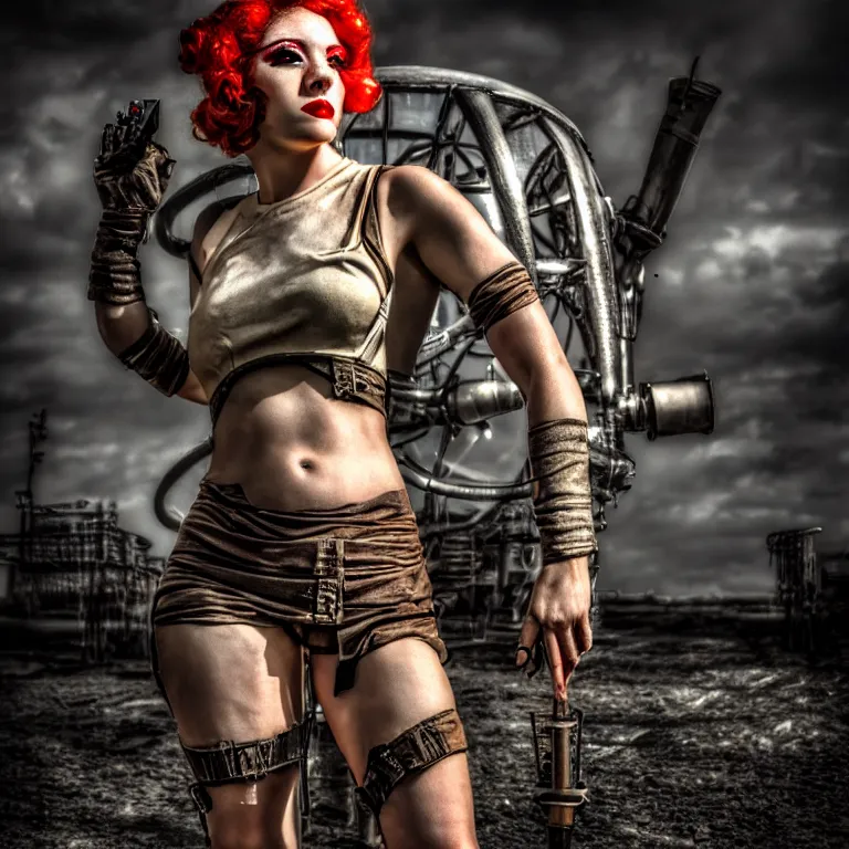 Image similar to photo of a beautiful female atompunk warrior, 8 k, hdr, smooth, sharp focus, high resolution, award - winning photo