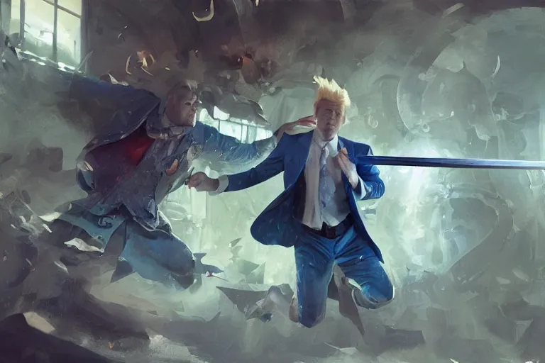 Prompt: a blonde man in a blue suit swinging a sword at a man, d & d, heartstone, digital painting, volumetric light, intricate, sharp, focus, bloom, illustration, highly detailed, concept art, matte, ruan jia, randy vargas, greg rutkowski