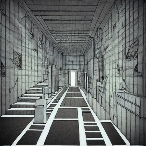 Image similar to “the inside of a huge white building with with many doors and stairs, confusing, creepy, doors, strange dimensions, anime style, detailed background, by Junji Ito”