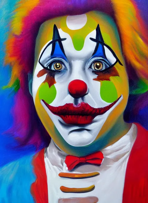 Prompt: clown, big paint coat, oil paint, depth