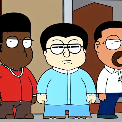 Prompt: Walter White, kanye west and Peter griffin in the style of Family Guy, cartoon