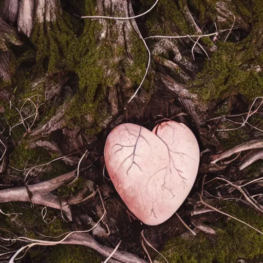 Image similar to photograph of a real human heart sitting on the ground in a forest of dead trees