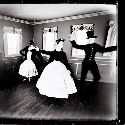 Image similar to pinhole black and white photo of a victorian living room with costumed people dancing