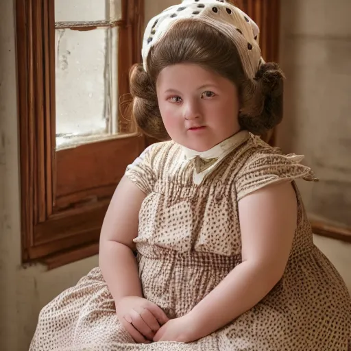 Image similar to charming and chubby girl, wearing a polka dot dress and a victorian - style hairdo on her head, sits in the large and bright studio. sunlight enters through the barred window. very realistic shiny skin. subsurface scattering shiny skin. beautiful lighting, 4 k post - processing, highly detailed, 5 k extremely detailed, 3 d. cinematic scene.