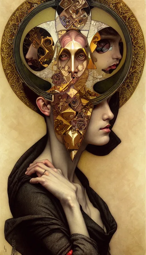 Prompt: M. C. Escher looking puzzled painted by tom bagshaw, mobius, mucha M. C. Escher, gold paint, ink, gnarly details