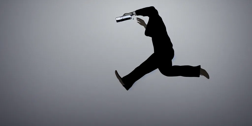 Image similar to a photo realistic image a person jumping out of a smartphone screen