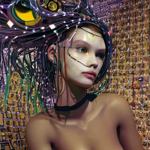 Image similar to deeper into the metaverse we go, piles of modular synth cables mixed with roots, kawaii puerto rican goddess swimming up wearing a headpiece made of circuit boards, by cameron gray, wlop, stanley kubrick, masamune, hideki anno, jamie hewlett, unique perspective, trending on artstation, 3 d render, vivid