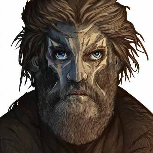 Image similar to berserker, wild ancient Irish, man with messy beard, wild hair, dinosaur skin cloak, dinosaur mask, dirt on face, dinosaur tattoo on face, wild look in his eyes, white background, highly detailed illustration, character design, art station, award winning