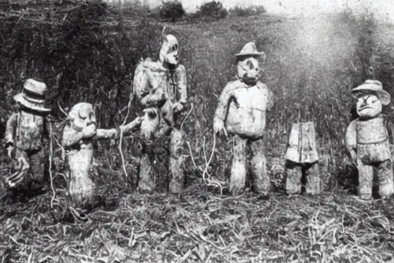 Prompt: disturbing scarecrow from the early 1 9 0 0's burning down the cornfields with a group of children
