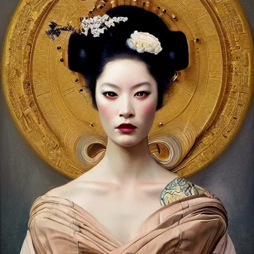 Image similar to highly detailed oil painting | very intricate | cinematic lighting | award - winning | portrait of geisha dressed by alexander mcqueen | by roberto ferri, by tom bagshaw, by j. c. leyendecker and klimt, american romanticism, by austin osman spare, artstation, cgsociety, official art, octane