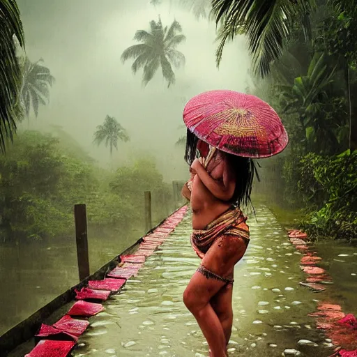 Image similar to monsoon on tropical island, oriental woman, ornate, beautiful, atmosphere, vibe, mist, coconuts, rain, wet, pristine, puddles, melting, dripping, snow, creek, lush, ice, bridge, forest, roses, flowers, by stanley artgerm lau, greg rutkowski, francis bacon