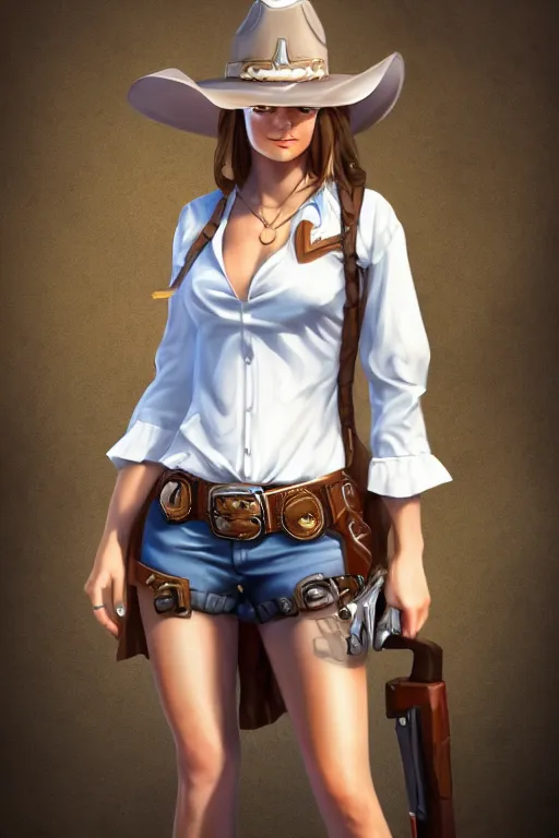 Image similar to full body, female cowgirl, perfect face, white blouse, long rifle, 8 k, magic the gathering, desert, d & d, artstation