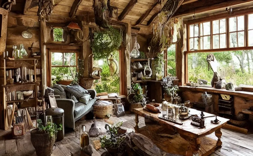 Prompt: cottage living room interior with a witch cauldron and bottles of potions and ingredients in jars, sunny, natural materials, rustic wood, window sill with plants, vines on the walls, dried herbs under the ceiling bookshelves, design