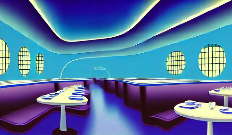 Prompt: a beautiful, sharp focus, clean lines. the interior of an art deco undersea restaurant. vaporwave ombre rendering. outrun style. trending on artstation. recommended for you behance. by chris moore. by edward hopper. ambient occlusion. digital matte painting. metropolis filmic. gotham city.