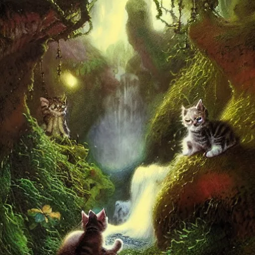 Prompt: two kittens watching the waterfall in the enchanted forest, fantasy, intricate, extremely detailed, face enhance, matte, artstation, art by louis wain, greg rutkowski