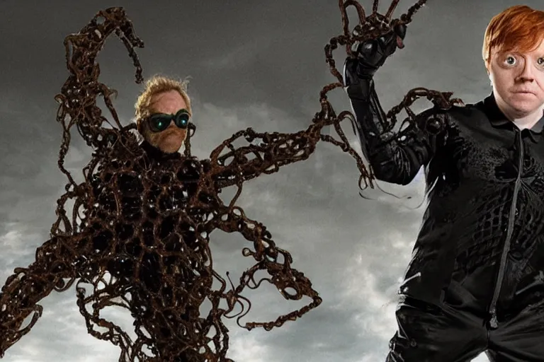 Image similar to Rupert Grint as Doc Ock, Multiple long menacing metal clawed arms from his back, intimidating stance