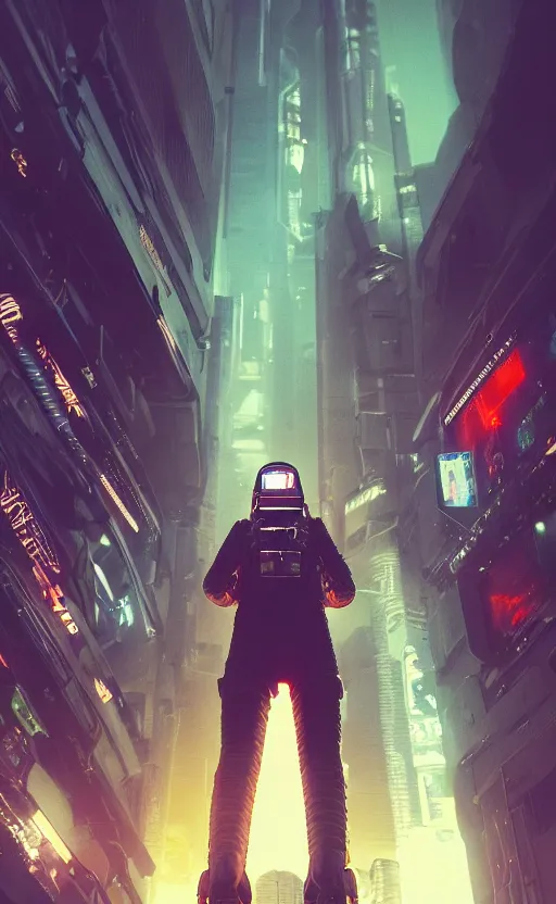 Image similar to professional photo of astronaut looking in the camera from low angle shot, cyberpunk background, blade runner, hyperrealistic masterpiece, trending on artstation, cgsociety, kodakchrome, golden ratio, cinematic, composition, beautiful lighting, hyper detailed, sharp focus, octane render, 4 k, unreal engine