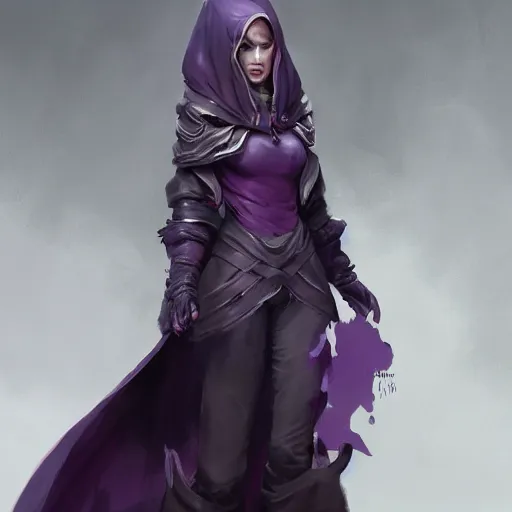 Image similar to full body, female warlock long hood cloak purple and a beautiful face, fighting monster with magic, 8 k, trending on artstation by tooth wu and greg rutkowski