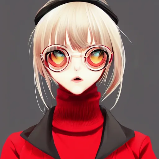 Prompt: anime girl in dark red turtleneck, black coat, elegant, 2d, ultra highly detailed, digital painting, smooth, sharp focus, artstation, portrait art by Ilya Kuvshinov