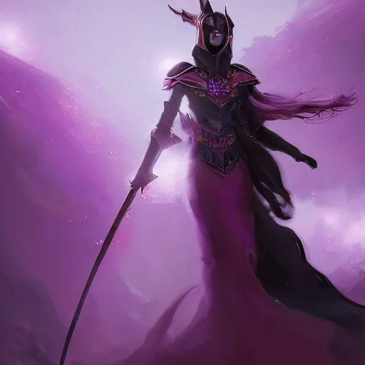 Prompt: masterpiece digital painting of a woman knight, focus on the face, visible face, heavy black obsidian armor, chaotic ruby inlays, large cape, by kev walker and greg rutkowski, atmospheric fog effects background, purple sparkles, artstation, deviantart, full body view, cinematic lights